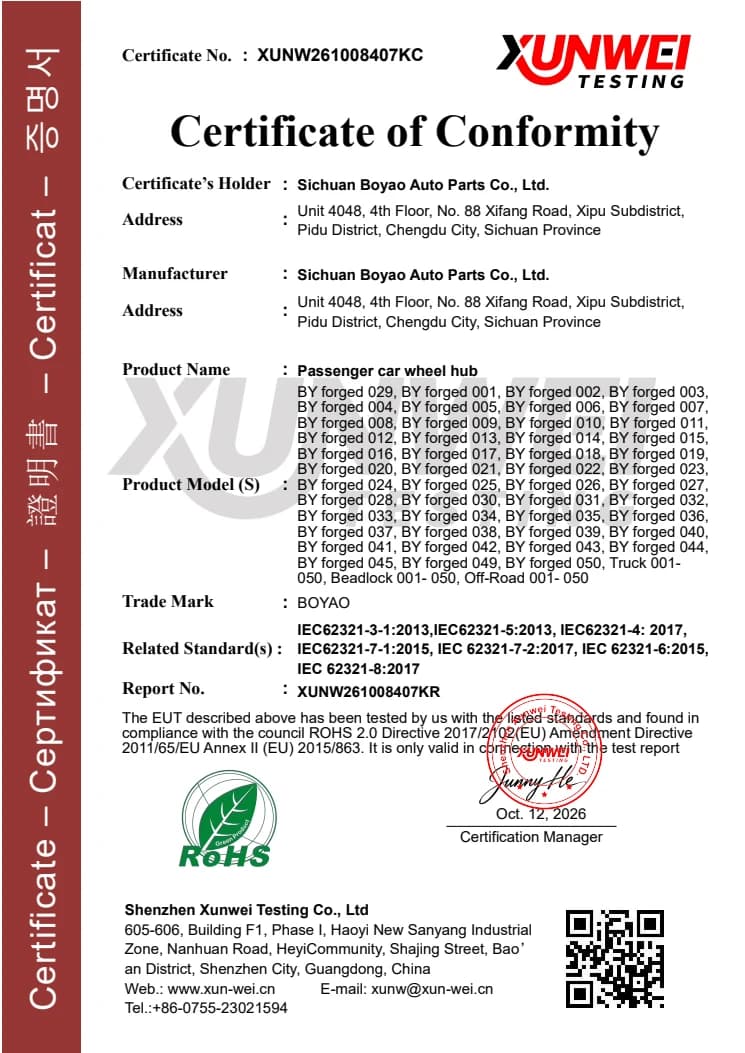 Certificate XUNW261008407KC issued to Sichuan Boyao Auto Parts Co., Ltd.
