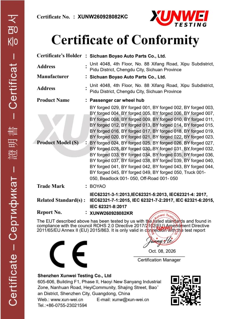 Certificate XUNW260928082KC issued to Sichuan Boyao Auto Parts Co., Ltd.