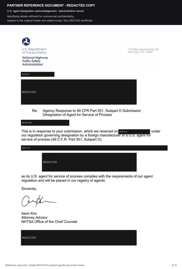 Redacted manufacturing partner reference: U.S. agent designation. Holder details withheld.