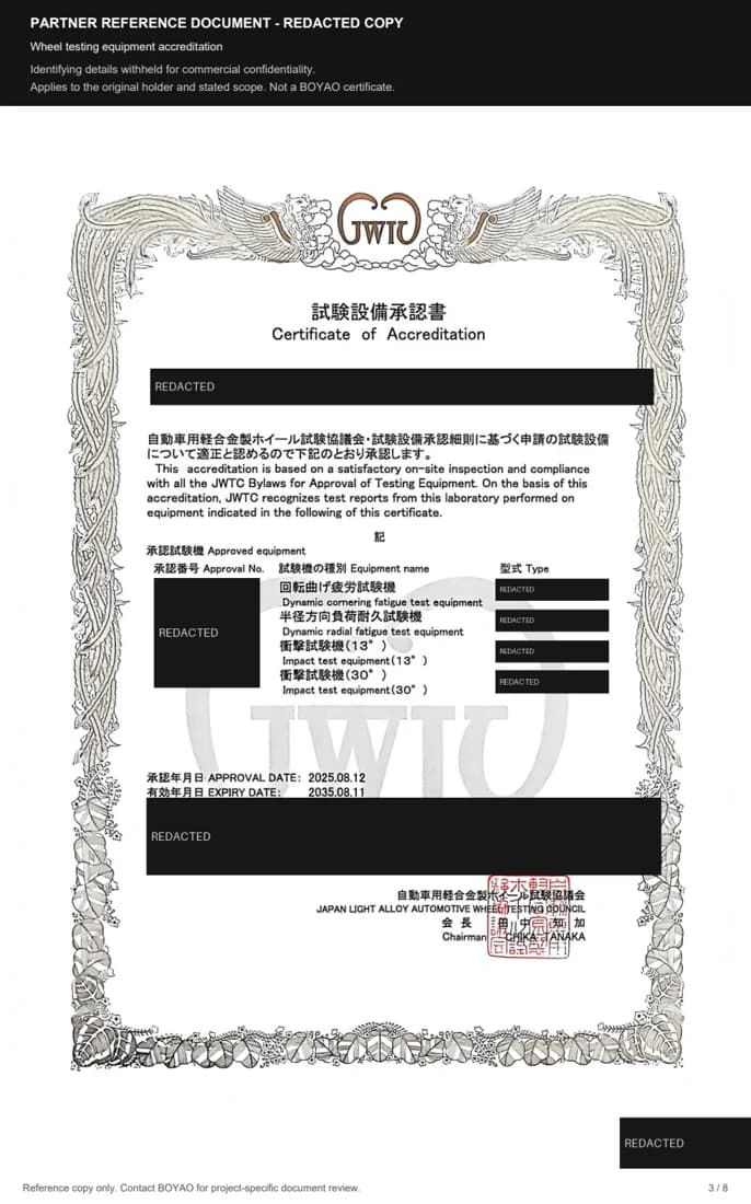 Redacted manufacturing partner reference: Wheel testing equipment. Holder details withheld.