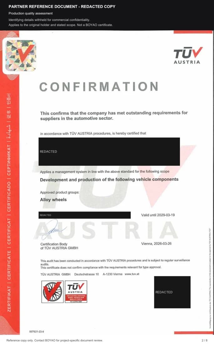 Redacted manufacturing partner reference: Production quality assessment. Holder details withheld.