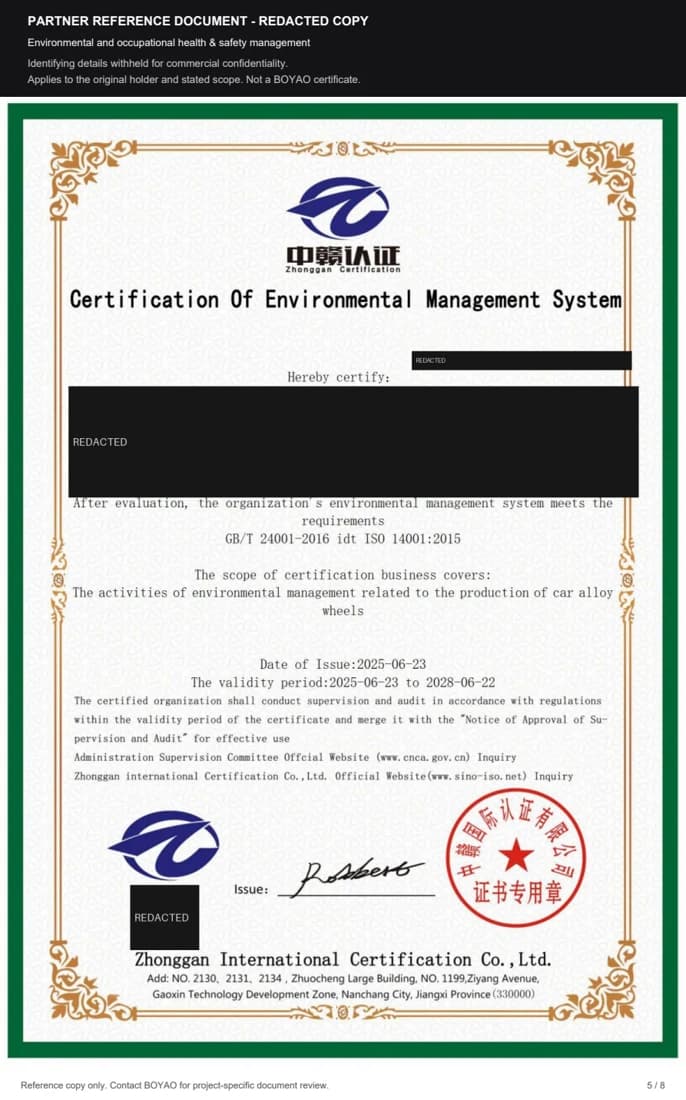 Redacted manufacturing partner reference: Environmental & workplace management. Holder details withheld.